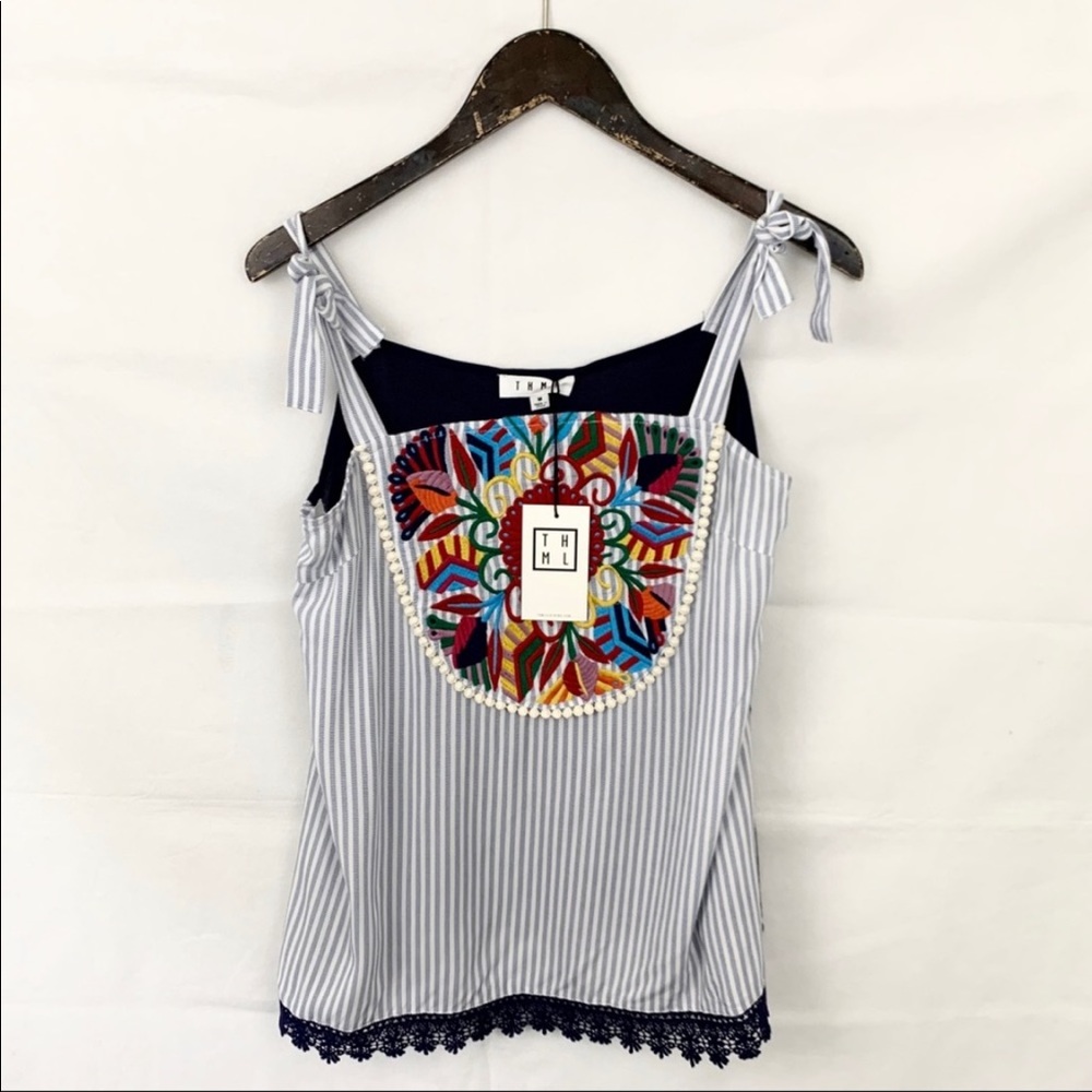 NWT Anthro THML Embroidered Tie Strap Tank